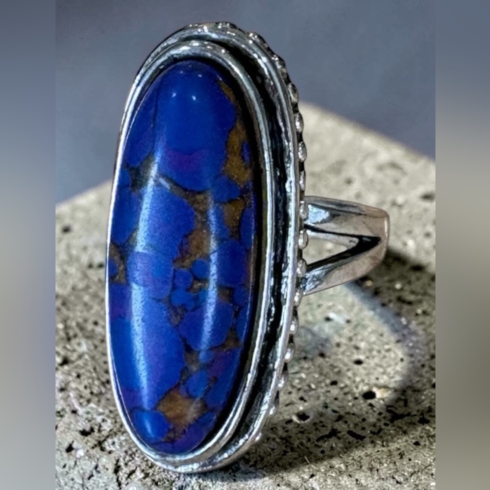Long Oval Silver Blue Jasper Statement Ring - image 1